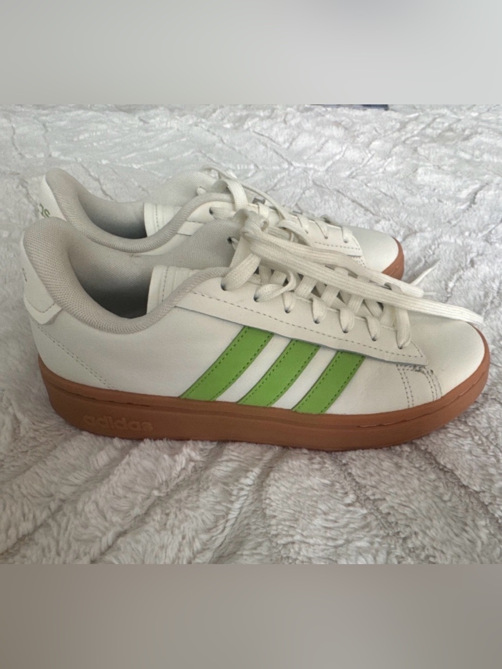 adidas White Sneakers with Green Stripes and Gum Sole